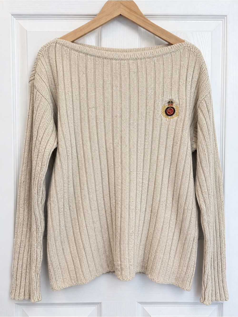Vintage Liz Claiborne Cream Marled Ribbed Cotton Crest Sweater L